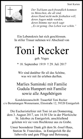 Traueranzeige von Toni Recker von Die Glocke