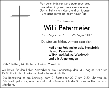 Traueranzeige von Willi Petermeier von Die Glocke