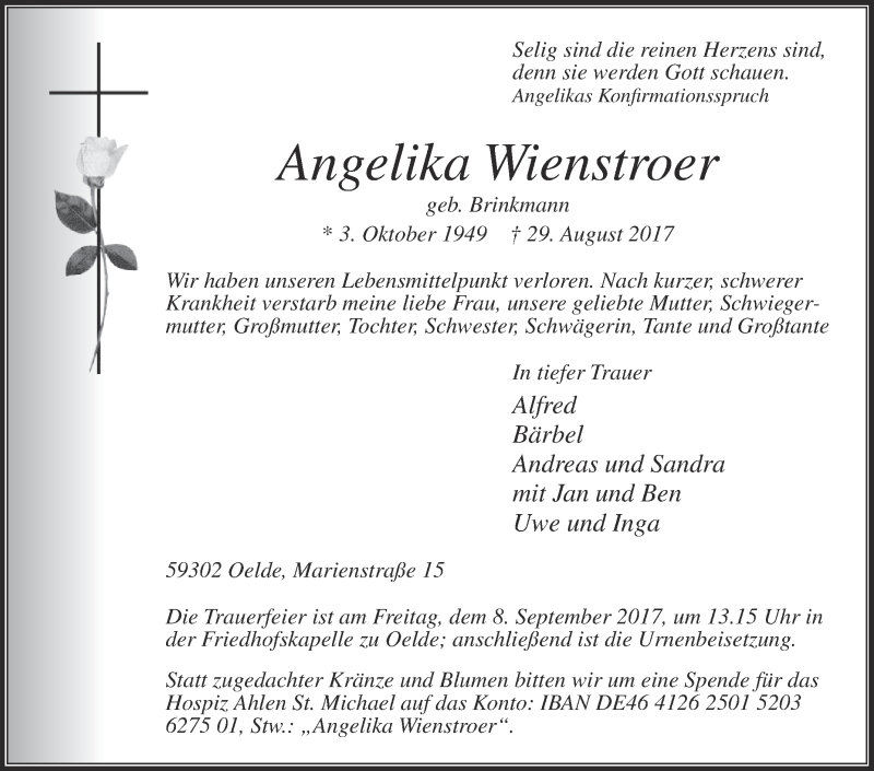  Traueranzeige für Angelika Wienstroer vom 05.09.2017 aus Die Glocke
