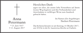 Traueranzeige von Anna Petermann von Die Glocke