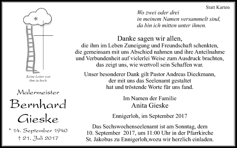  Traueranzeige für Bernhard Gieske vom 05.09.2017 aus Die Glocke