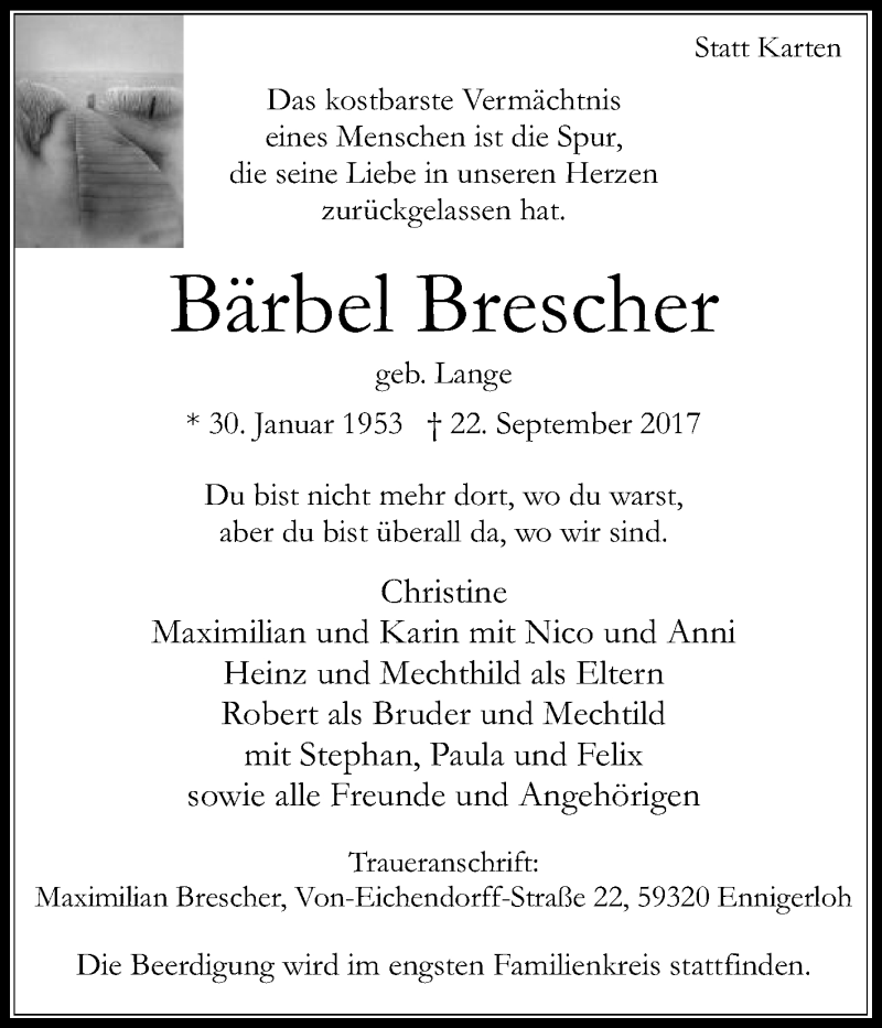  Traueranzeige für Bärbel Brescher vom 27.09.2017 aus Die Glocke