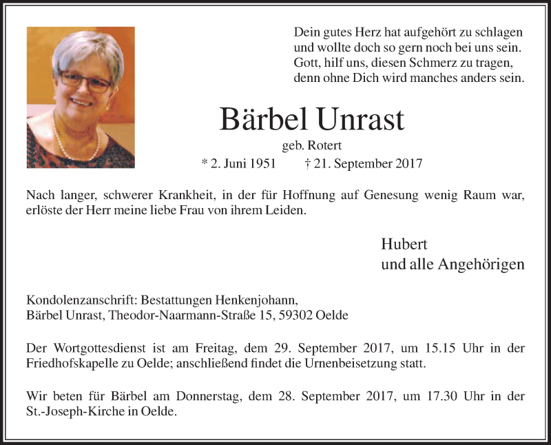  Traueranzeige für Bärbel Unrast vom 26.09.2017 aus Die Glocke