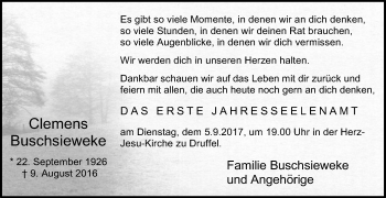 Traueranzeige von Clemens Buschsieweke von Die Glocke