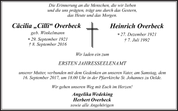 Traueranzeige von Cäcilia und Heinrich Overbeck von Die Glocke