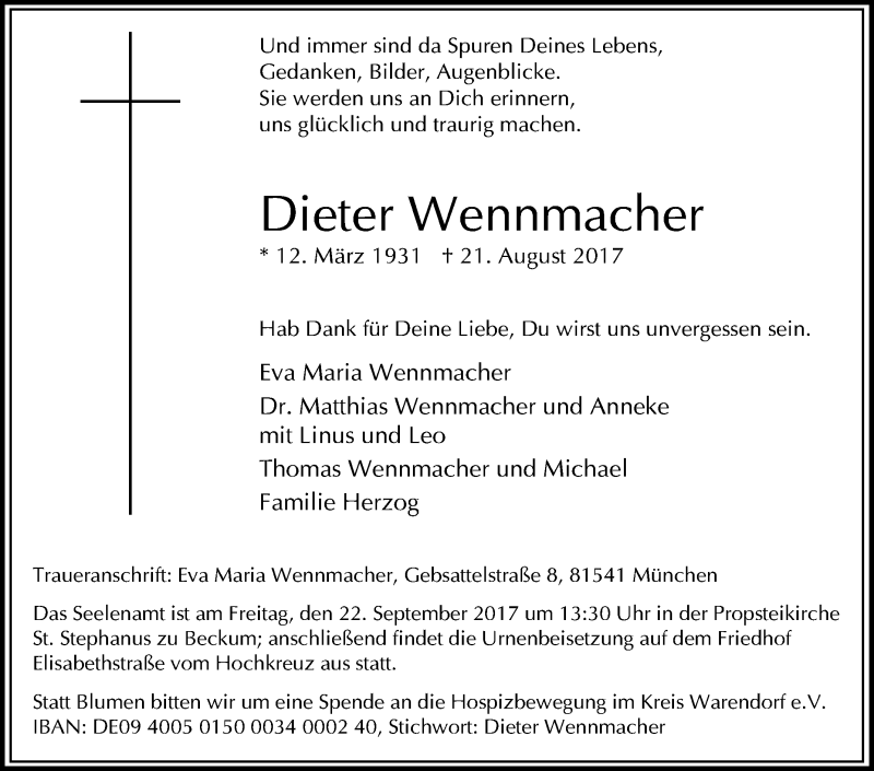  Traueranzeige für Dieter Wennmacher vom 02.09.2017 aus Die Glocke