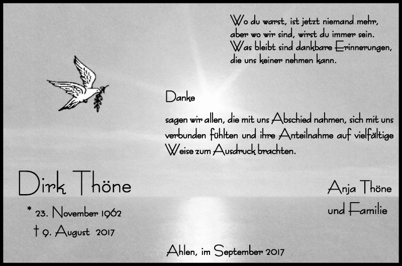  Traueranzeige für Dirk Thöne vom 30.09.2017 aus Die Glocke