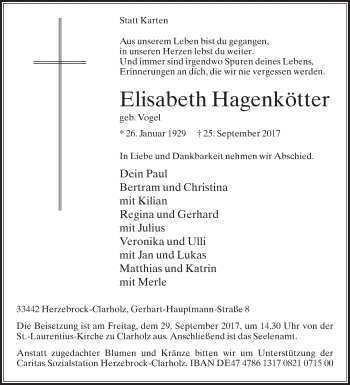 Traueranzeige von Elisabeth Hagenkötter von Die Glocke