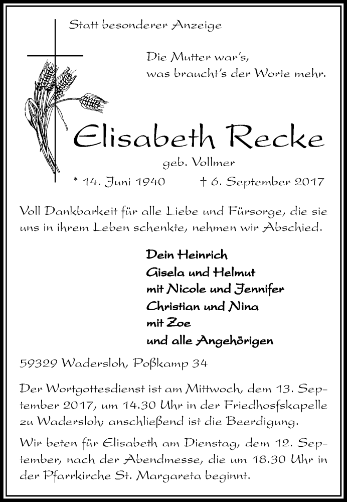  Traueranzeige für Elisabeth Recke vom 09.09.2017 aus Die Glocke