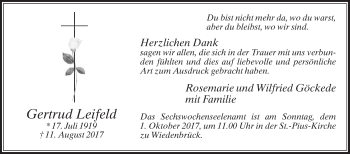 Traueranzeige von Gertrud Leifeld von Die Glocke