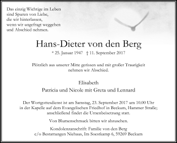 Traueranzeige von Hans-Dieter von den Berg von Die Glocke