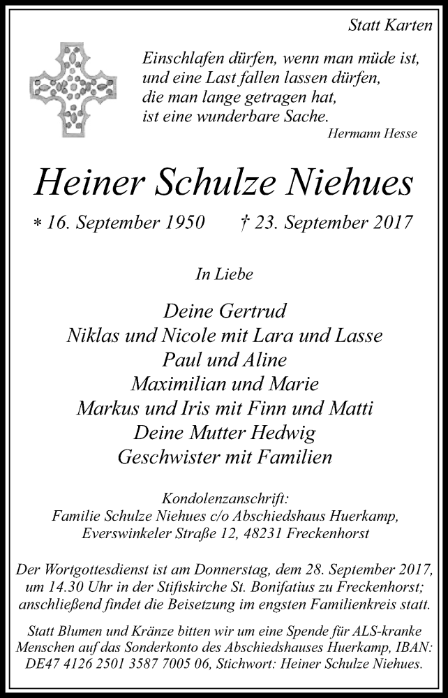  Traueranzeige für Heiner Schulze Niehues vom 25.09.2017 aus Die Glocke