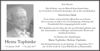 Traueranzeige von Heinz Tophinke von Die Glocke