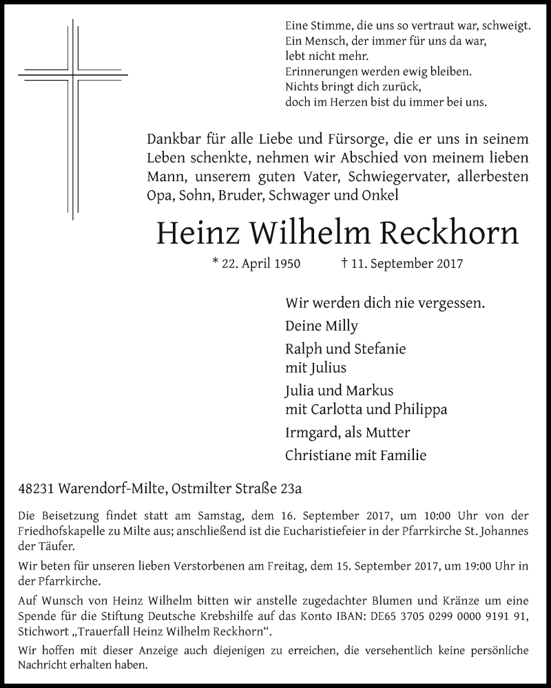  Traueranzeige für Heinz Wilhelm Reckhorn vom 14.09.2017 aus Die Glocke