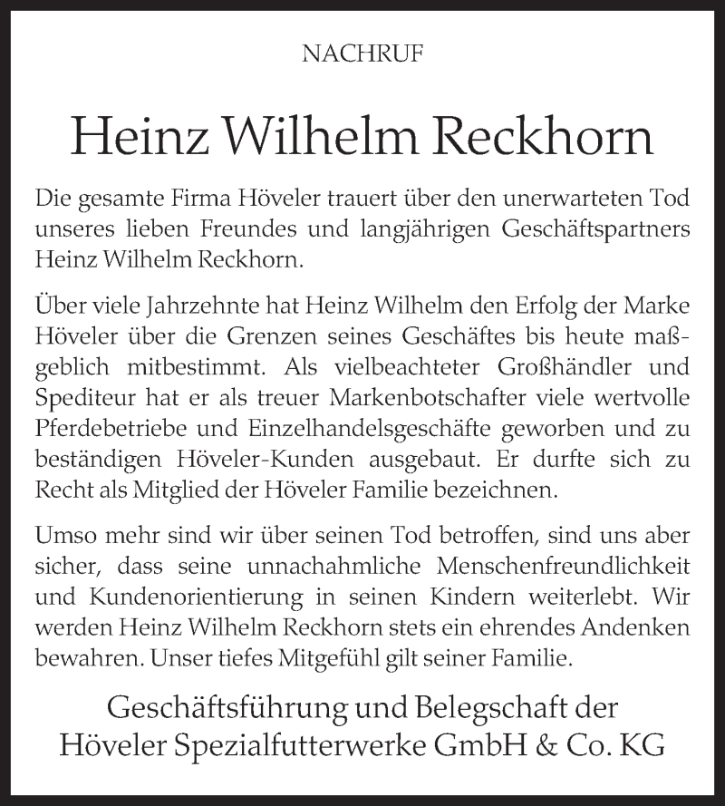  Traueranzeige für Heinz Wilhelm Reckhorn vom 15.09.2017 aus Die Glocke