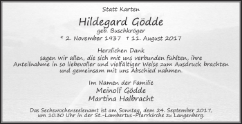 Traueranzeige von Hildegard Gödde von Die Glocke