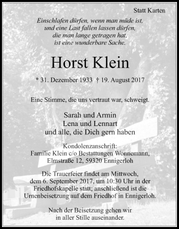 Traueranzeige von Horst Klein von Die Glocke
