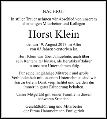Traueranzeige von Horst Klein von Die Glocke