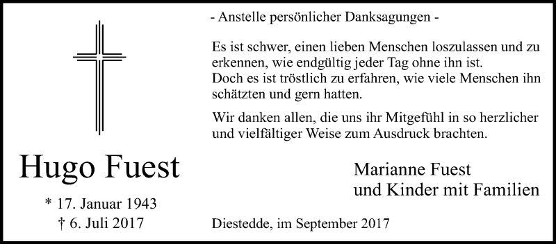  Traueranzeige für Hugo Fuest vom 02.09.2017 aus Die Glocke