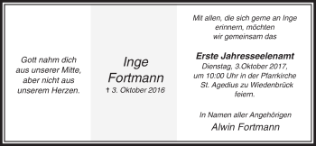 Traueranzeige von Inge Fortmann von Die Glocke