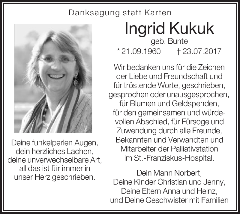  Traueranzeige für Ingrid Kukuk vom 04.09.2017 aus Die Glocke