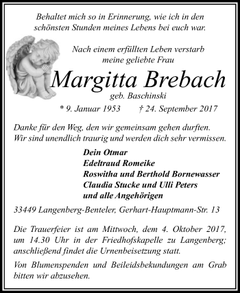 Traueranzeige von Margitta Brebach von Die Glocke