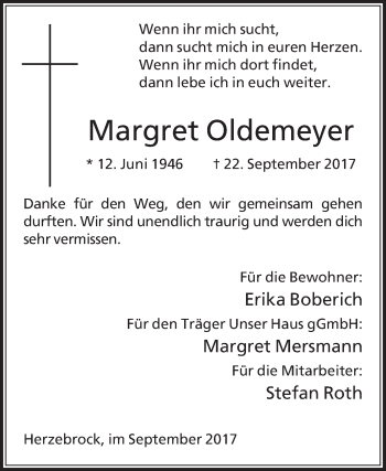 Traueranzeige von Margret Oldemeyer von Die Glocke