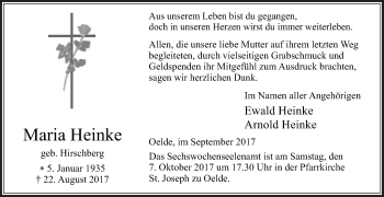 Traueranzeige von Maria Heinke von Die Glocke