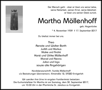 Traueranzeige von Martha Möllenhoff von Die Glocke