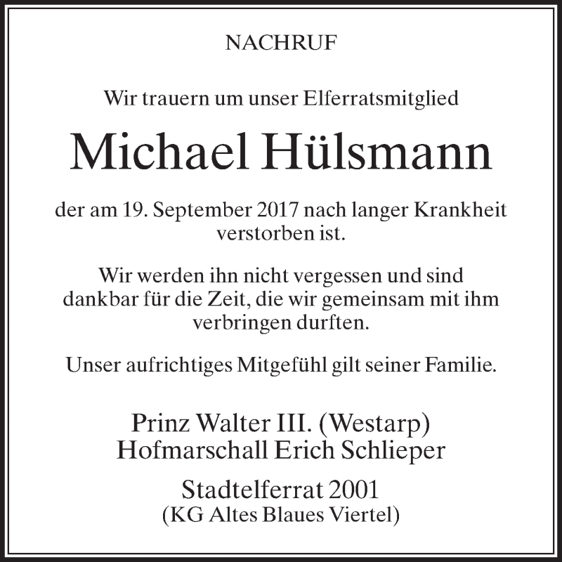  Traueranzeige für Michael Hülsmann vom 30.09.2017 aus Die Glocke