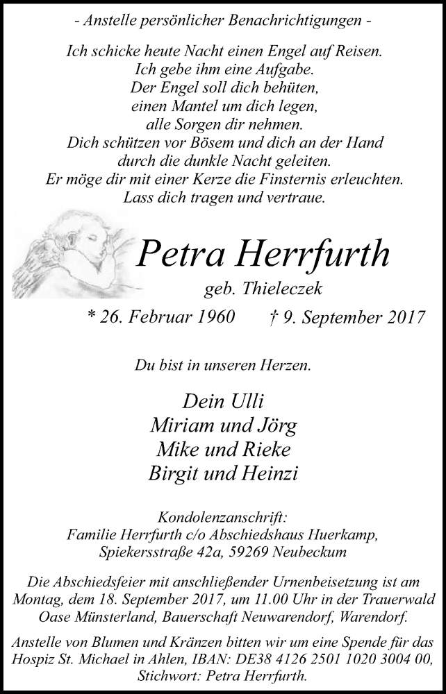 Traueranzeige für Petra Herrfurth vom 15.09.2017 aus Die Glocke