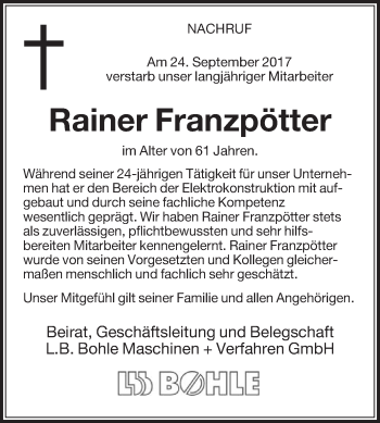 Traueranzeige von Rainer Franzpötter von Die Glocke