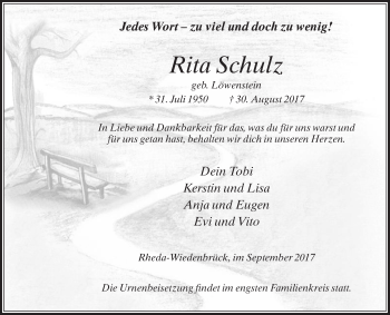Traueranzeige von Rita Schulz von Die Glocke