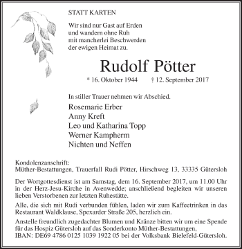 Traueranzeige von Rudolf Pötter von Die Glocke