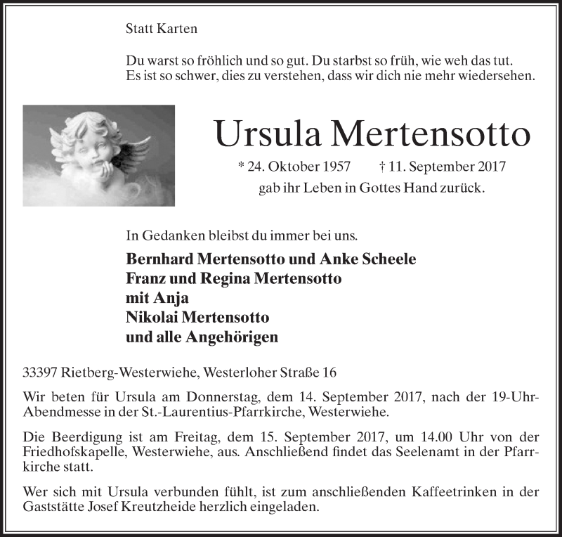  Traueranzeige für Ursula Mertensotto vom 13.09.2017 aus Die Glocke