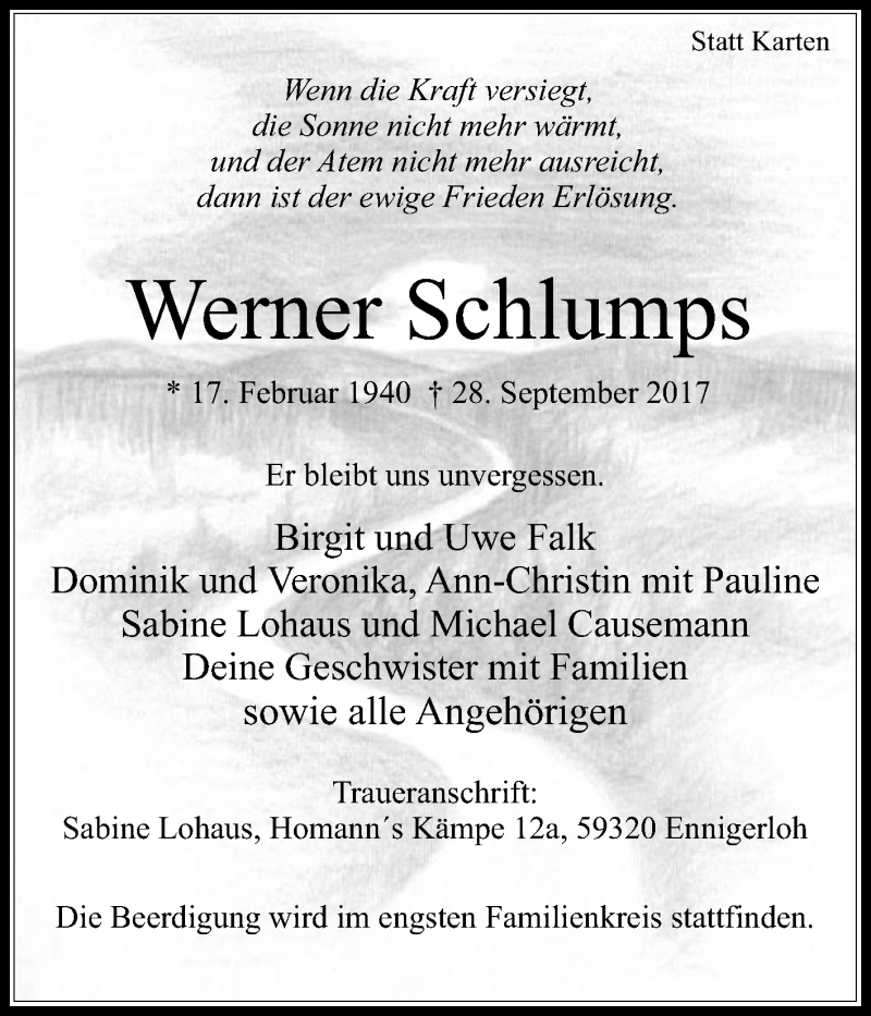 Traueranzeige für Werner Schlumps vom 30.09.2017 aus Die Glocke