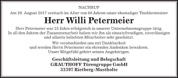 Traueranzeige von Willi Petermeier von Die Glocke