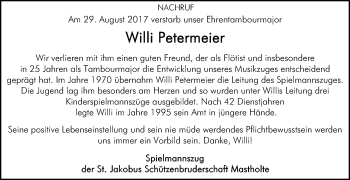 Traueranzeige von Willi Petermeier von Die Glocke