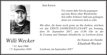 Traueranzeige von Willi Wecker von Die Glocke