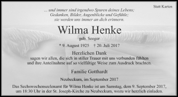 Traueranzeige von Wilma Henke von Die Glocke