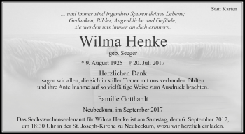 Traueranzeige von Wilma Henke von Die Glocke