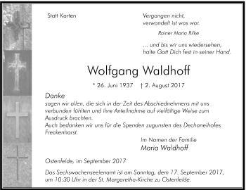 Traueranzeige von Wolfgang Waldhoff von Die Glocke