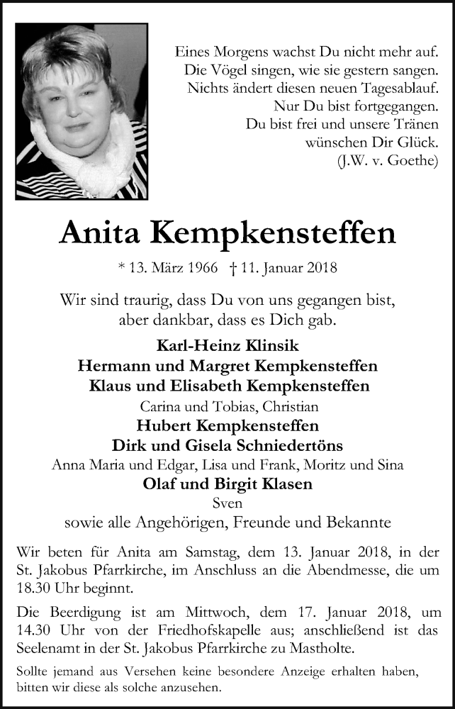  Traueranzeige für Anita Kempkensteffen vom 13.01.2018 aus Die Glocke