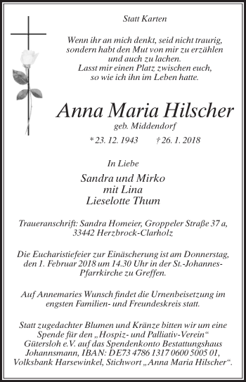 Traueranzeige von Anna Maria Hilscher von Die Glocke