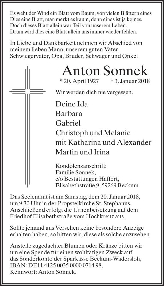  Traueranzeige für Anton Sonnek vom 17.01.2018 aus Die Glocke