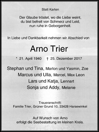 Traueranzeige von Arno Trier von Die Glocke