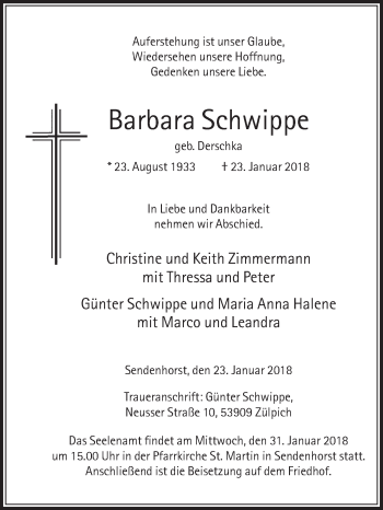 Traueranzeige von Barbara Schwippe von Die Glocke