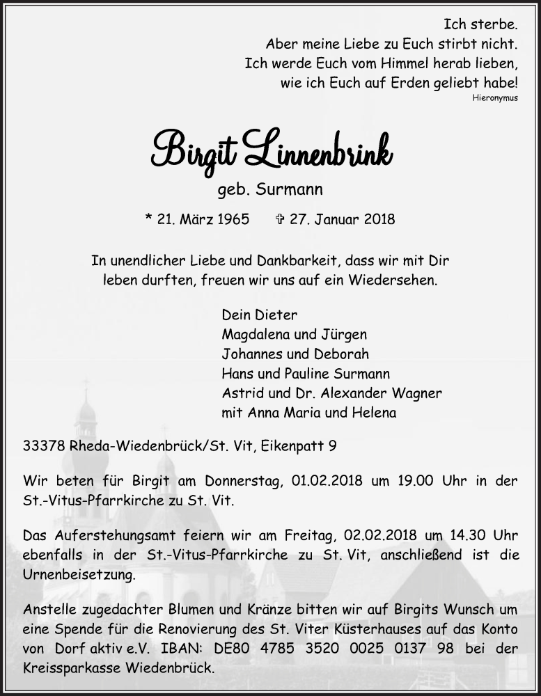  Traueranzeige für Birgit Linnenbrink vom 30.01.2018 aus Die Glocke