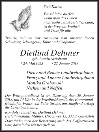 Traueranzeige von Dietlind Dehmer von Die Glocke