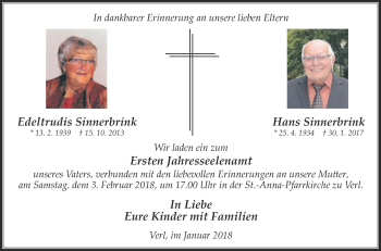 Traueranzeige von Edeltrudis und Hans Sinnerbrink von Die Glocke